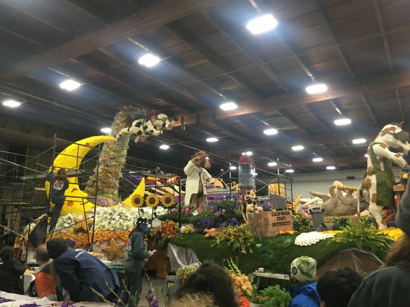 The Cal Poly float under construction
