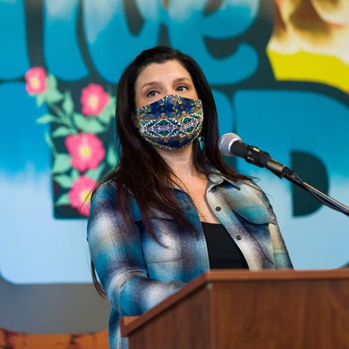 Jenell Navarro speaking at Indigenous Center opening