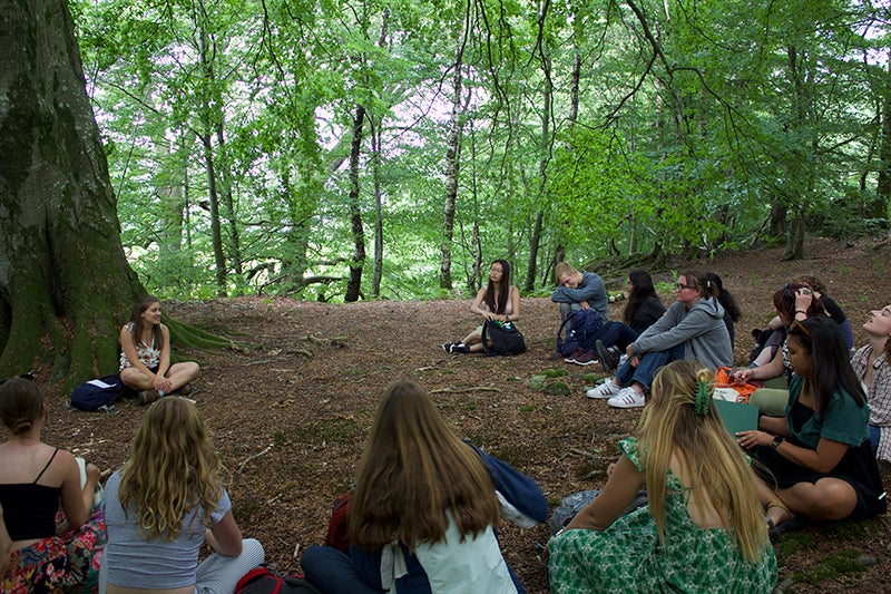 Students sit in the grove, reading and talking.