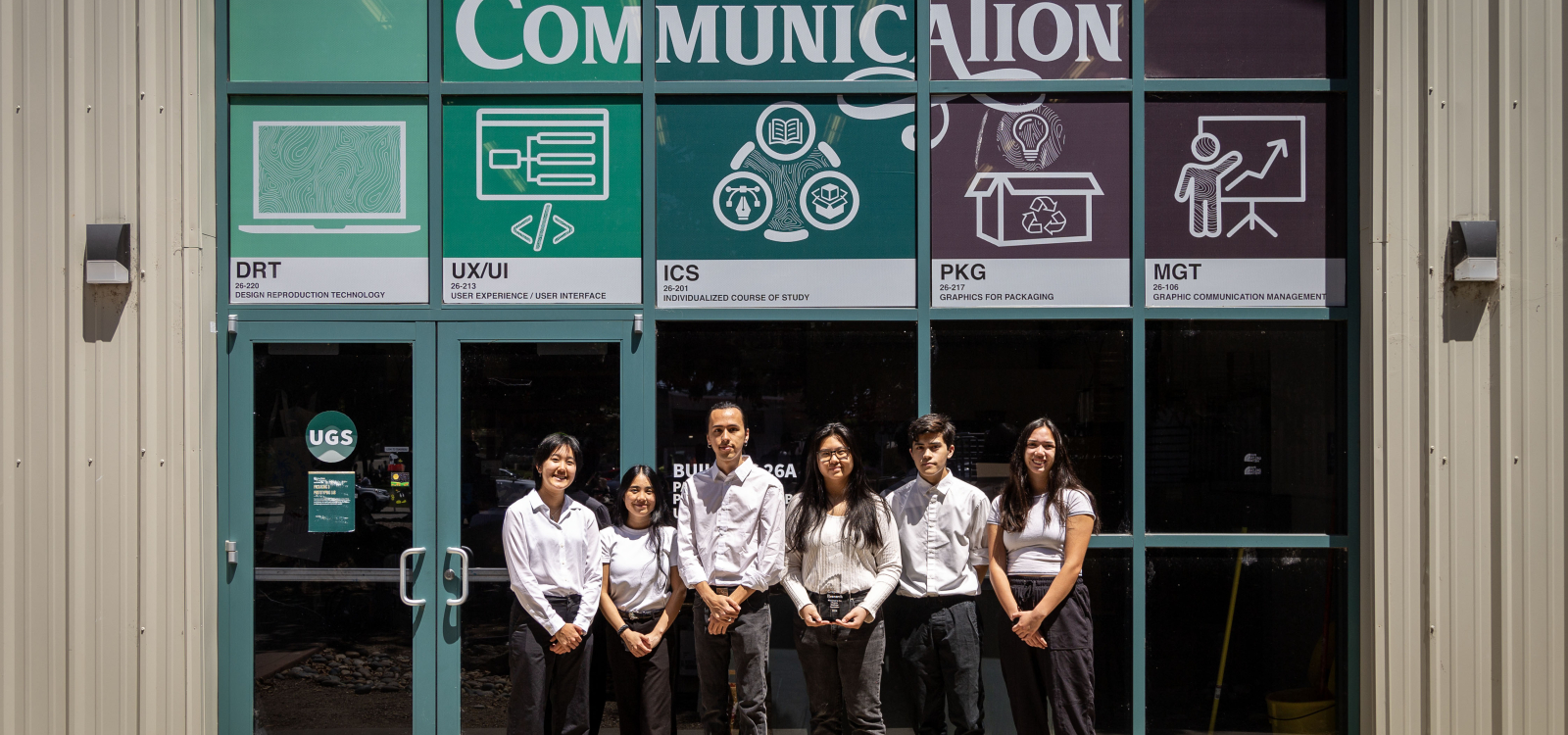 Graphic communication student Umika Kuroda, consumer packaging concentration student Claire Schatz, graphic communication students Alex Woon, Jasmine Lee, Jacob Sterrett, and Sydney Doyle.  
