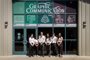Graphic communication student Umika Kuroda, consumer packaging concentration student Claire Schatz, graphic communication students Alex Woon, Jasmine Lee, Jacob Sterrett, and Sydney Doyle.  