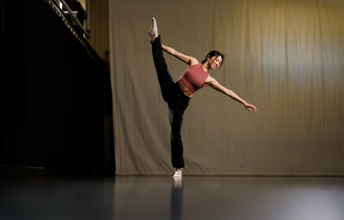 Joyce Lam, who is studying Business Administration with a double concentration in Accounting and Information Systems, and a minor in Dance, rehearses in the Moon Ja Minn Suhr Dance Studio.
