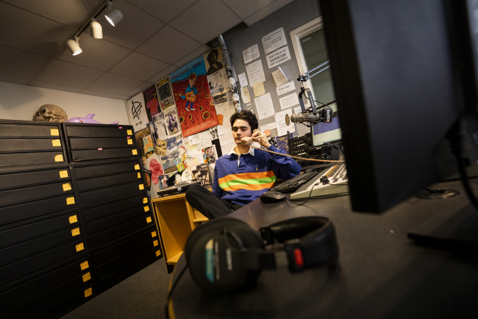 Student in recording studio