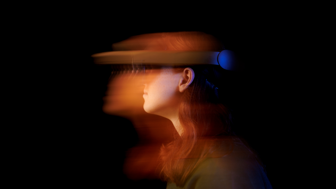 Student wearing a VR headset at the Expressive Technology Studios