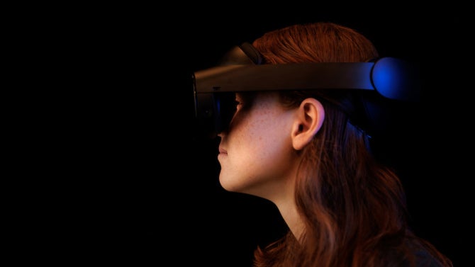 Student wearing a VR headset at the Expressive Technology Studios