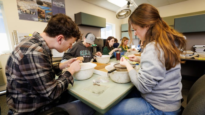 Students in Anthropology professor Terry L. Jones’ ANT 311-Archaeological Laboratory Methods class perform post-field processing, classification, analysis, and preservation of archaeological materials found at a site once occupied by Japanese tenant farmers near Diablo Canyon Power Plant.
